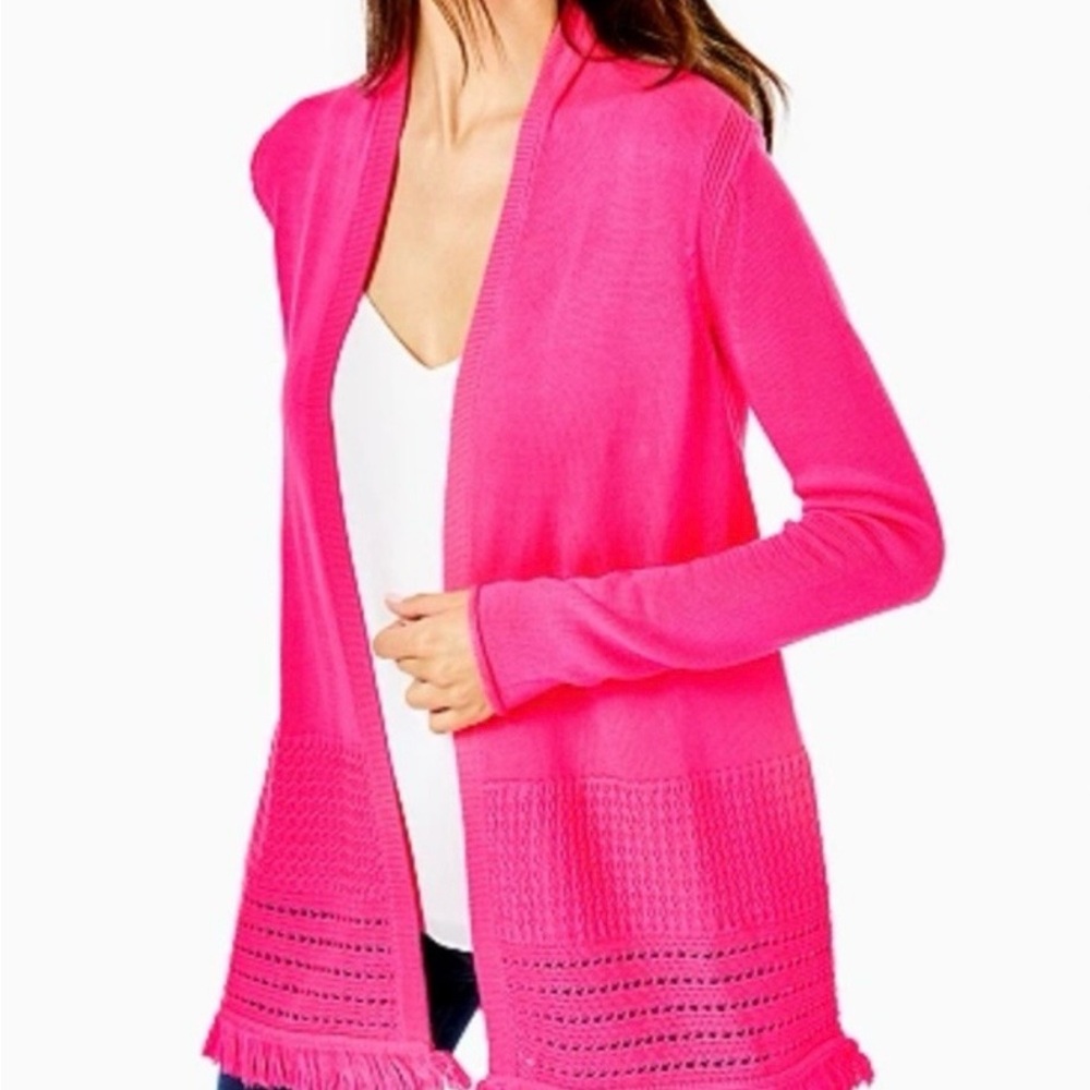 Lilly Pulitzer Vibrant Pink Open-Front Fringe Cardigan